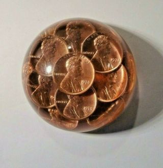Vintage Lucite Paperweight With 1970s Years Shiny Us Pennies Small Dome Shape