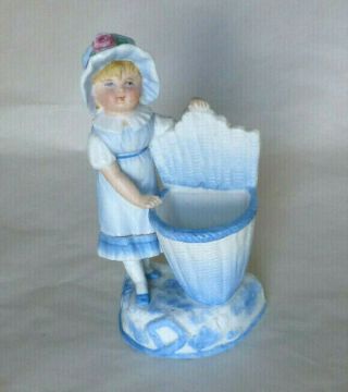 Antique Victorian Bisque Porcelain Girl Figural Toothpick Match Holder 6 1/8 " Ec