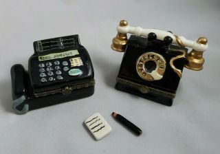 Miniature Ceramic Fax Machine & Phone Hinged Trinket Boxes With Paper And Pencil