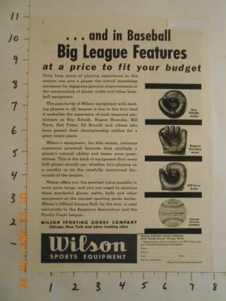 1935 Wilson Sporting Goods Ad Bill Terry Rogers Hornsby Baseball Glove Model