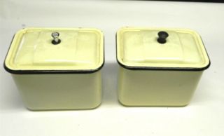 Vintage Matching Pair Cream/black Enamel Fridge Ice Box Containers With Lids
