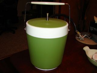 Vintage Mid Century Art Deco Green Atomic Ice Bucket W/ Bail Handle Retro