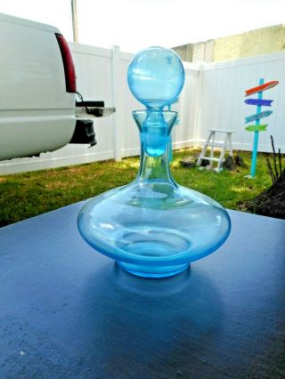 Vintage Mid Century Aqua Light Blue Glass Decanter With Ground Bubble Stopper