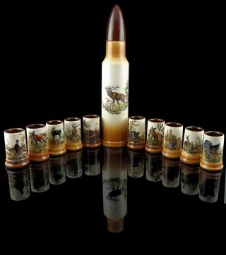 Set Of 10 Shot Glass / Cups With Bottle,  Hunting Deer Elk Fox Boar Design Gift