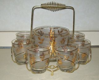 Vintage Mcm Libbey Set 8 Gold Leaf Old Fashioned Glasses Ice Bucket Caddy