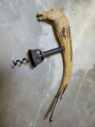 Horsehead Carved Stag Horn Corkscrew W Silver Tip