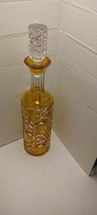 Vintage Bohemian Cut To Clear Art Crystal Decanter Golden Yellow Amber Liquor