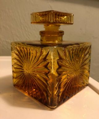 Amber Glass Square Decanter W/ Stopper Rare Starburst Design Bottle 4 " H Empty
