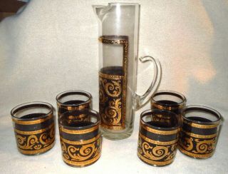 Vintage Signed Culver Baroque Glass Barware/cocktail Set: Pitcher,  6 Glasses