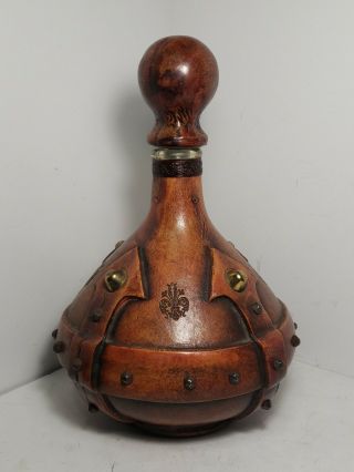 Vintage Rare Mid Century Italian Leather Wrapped Decanter Hand Tooled 12 " Tall