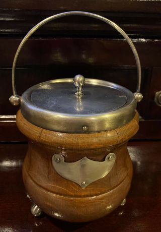 Antique Silver - Plated Biscuit Ice Barrel Bucket Footed 1900s Wood Oak.