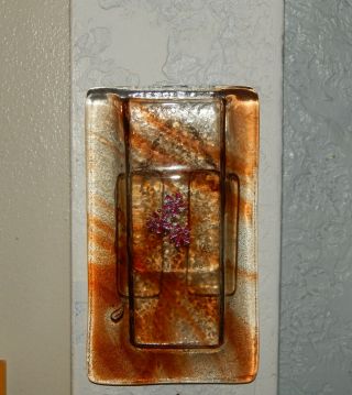 Hand Crafted Clear Fused Art Glass Wall Pocket Vase With Copper Swirls & Flowers