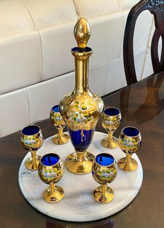Vintage Italy Bohemian Murano Venetian Cobalt 24k Gold Decanter Set 6 Art Glass