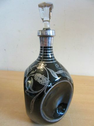 Antique Black Glass Sterling Overlay Glass Pinch Whiskey / Rye Decanter
