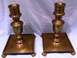 Pair Heavy Footed Solid Brass Candle Holders,  10 " Square Base,  Round Column,