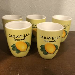 Set Of 5 Caravella Limoncello Ceramic Shot Glass 2 7/8 " Tall Lemon Yellow