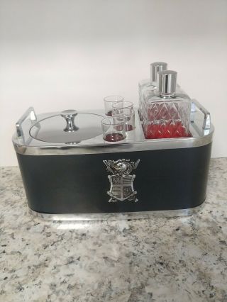 Mid Century Bar Caddy Ice Bucket Decanters Shot Glass Set Leather Crest Musical