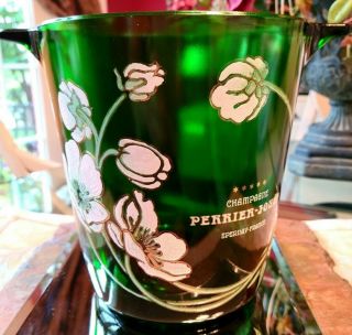 Vintage Perrier - Jouet Green Glass Champagne Ice Bucket - Hand Painted Flowers