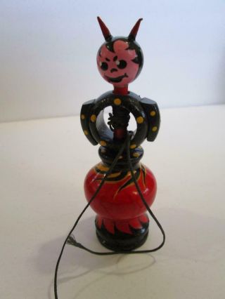 Vintage Halloween Hand Painted Wooden Devil Thread Spool Holder Spinning Top