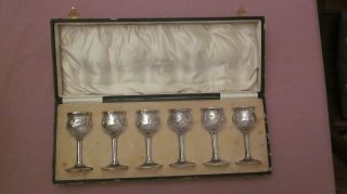 C.  1900 Set Of Six Art Nouveau Sterling Silver Overlay Cognac Glasses,