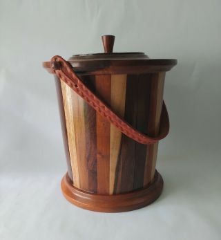 Vintage Inlaid Wood Ice Bucket Tooled Leather Handle Handcrafted Retro