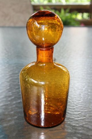 Amber Yellow Glass Bottle Decanter With Ball Stopper Decorative Bubbles 10 "