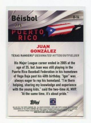 Juan Gonzalez 2021 Topps Chrome Beisbol Red Refractor /5 B - 14 Rangers 2