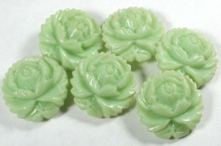 Vintage Polymer Buttons Set Of 6 Pretty Green Flower - Design 11/16 "