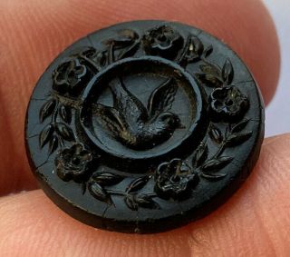 Antique Vintage Victorian Black Glass Picture Button Bird With Flower Rim 3/4”