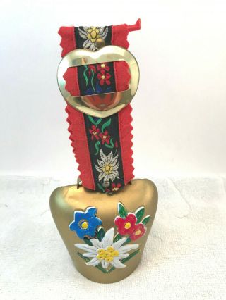 Vtg Swiss Hand Painted Metal Cow Bell 4 " W 8.  5 " T W/ Cloth Handle