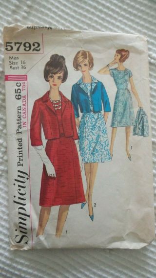 1964 Vintage Simplicity Sewing Pattern 5792 Dress & Jacket Sz 16