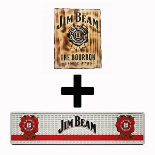Jim Beam 2 Rustic Combo Pack - Timber Sign,  Rubber Bar Mat Runner