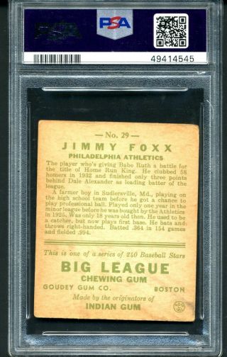 1933 Goudey 29 Jimmy Foxx PSA 1 HOF Philadelphia Athletics 4