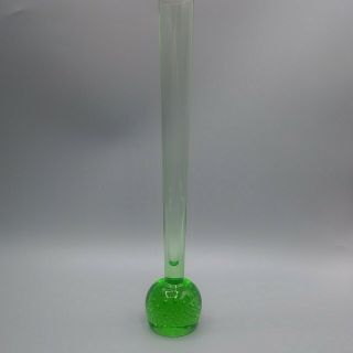 10” Green Controlled Bubbles Bud Vase.  Green Polished Base/clear Top.  Unsigned.
