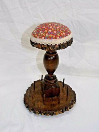 Vintage Wooden Rustic Spool Thread Holder And Pin Cushion 9 " Tall Aprox 5.  5 " Dia