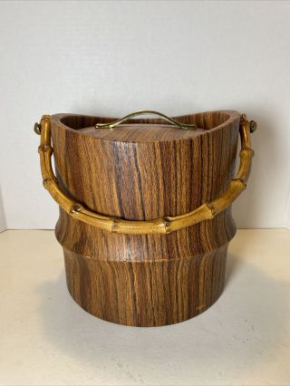 Lovely Vintage Mid Century Modern Kraftware Faux Wood Bamboo Handle Ice Bucket