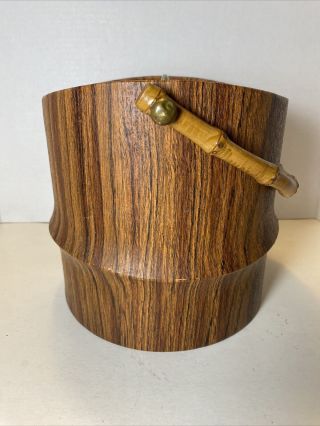 Lovely Vintage Mid Century Modern Kraftware Faux Wood Bamboo Handle Ice Bucket 2