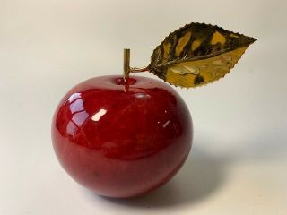 Red Alabaster Apple Paper Weight With Gold Metal Leaf Stem 3.  25”