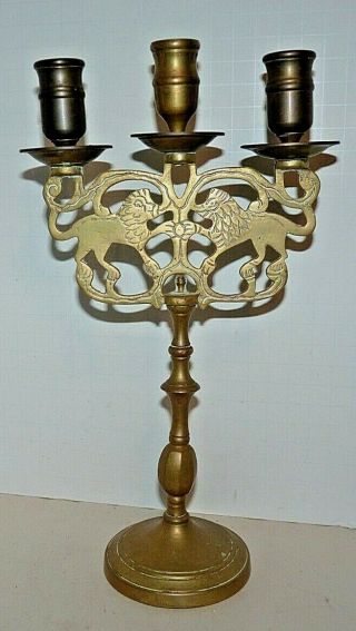 Vintage Solid Brass 3 Arm Altar Candelabra Candle Holder Twin Lions 11 "