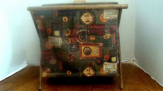 Vintage Mcm Folding Canvas Sewing Basket Tote Knitting Bag W/wood Frame - Euc