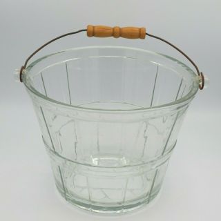 Vintage Anchor Hocking Signed Glass Ice Bucket Pail With Wood Handle