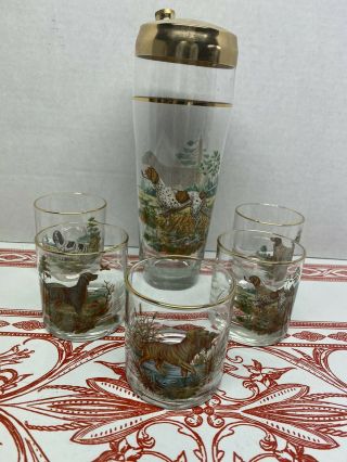 Vintage Low Ball Glasses With Cocktail Shaker Hunting Dogs