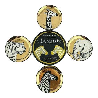 Jonathan Adler Animalia Gold Porcelain Coaster Set Of 4 Elephant Tiger Zebra 4 "