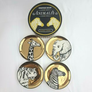 Jonathan Adler Animalia Gold Porcelain Coaster Set of 4 Elephant Tiger Zebra 4 