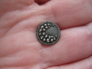 Vintage Small 7/16 " Black Glass Button,  Silver Luster Crescent Moon - N1