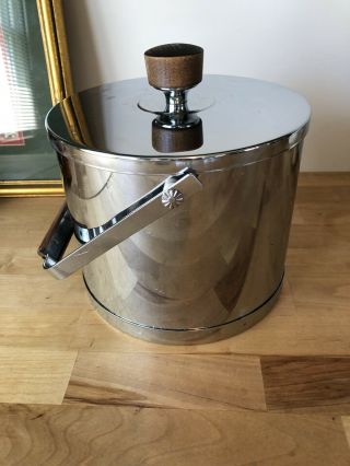 Vintage Atapco Ice Bucket Chrome Wood Handle Mid Century Modern Retro Barware