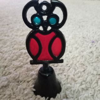 Vintage Owl Bell Made Of Cast Iron Stained Glass Red Green 5 1/4 "