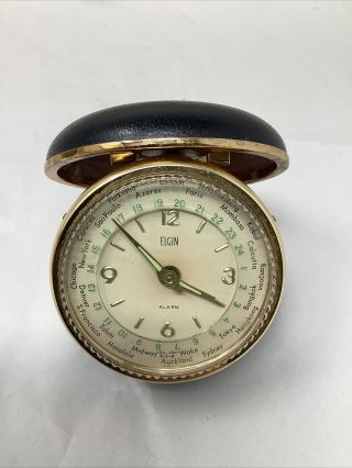 Vtg 50s 60s Elgin Bradley World Time Travel Alarm Clock Clam Shell Case Read