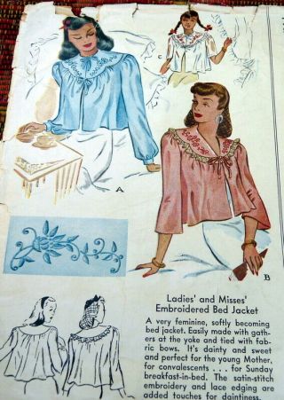 Lovely Vtg 1940s Embroidered Bedjacket Mccall Sewing Pattern Medium