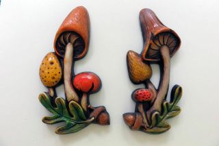 Two Vintage Chalkware Mushrooms Wall Art Hanging Plaques